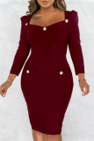 Formal Square Neck Long Sleeve Slit Office Lady Evening Party Bodycon Midi Dresses