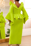 Formal V Neck Flare Sleeve Slit Ruffle Trim Long Office Lady Evening Party Wedding Bodycon Maxi Dress