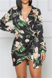 Casual Graphics Print V Neck Long Sleeve Side Knotted Belted Vacation Mini Shirt Dresses