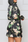 Casual Graphics Print V Neck Long Sleeve Side Knotted Belted Vacation Mini Shirt Dresses