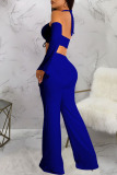 Formal Backless Halter Long Sleeve Draw String Lace Up Crop Tops And Flare Leg Pants Office Lady Two Pieces Trouser Sets