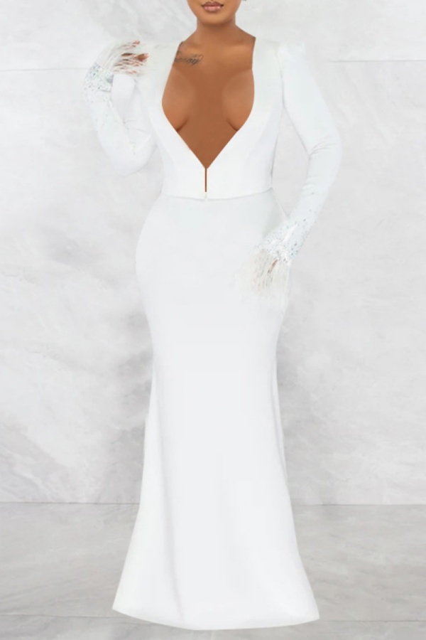 Hot Drill V Neck Long Sleeve Feather Tops And Mermaid Hem Maxi Skirt Formal Evening Party Wedding Two Pieces Dress Sets