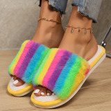 Rainbow Fuzzy Thick-Soled Warm Non-Slip Plush Cotton Slides Slippers for Home