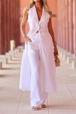 Formal Sleeveless Turndown Collar Blazer Crop Top and Straight Leg Pant Women Suit Set