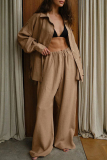 Casual Daily Solid Color Buttons Turndown Collar Long Sleeve Shirts and Wide Leg Pants Sets Two Pieces