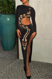 Snake Print Long Sleeve Hollow Out High Slit Bodycon Evening Cocktail Party Maxi Dress