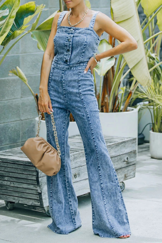 Casual Sleeveless Buckle Square Collar Boot Cut Wide Strap Straight Leg Denim Jumpsuits
