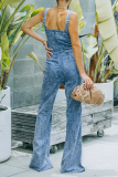 Casual Sleeveless Buckle Square Collar Boot Cut Wide Strap Straight Leg Denim Jumpsuits