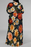 Flowers Print V Neck Long Sleeve Lace Up Slit Plus Size Vacation Maxi Dresses