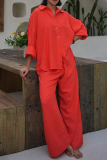 Casual Daily Solid Color Buttons Turndown Collar Long Sleeve Shirts and Wide Leg Pants Sets Two Pieces