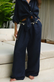 Casual Daily Solid Color Buttons Turndown Collar Long Sleeve Shirts and Wide Leg Pants Sets Two Pieces