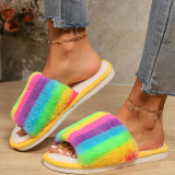 Rainbow Fuzzy Thick-Soled Warm Non-Slip Plush Cotton Slides Slippers for Home
