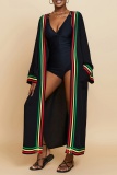 Striped Print Open Cardigan for Vacation Bikini Beachwear Beach Cover-Up