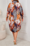 Casual Leopard Print Belted Turndown Collar Long Sleeve Loose Fit Plus Size Shirt Midi Dresses