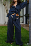 Casual Daily Solid Color Buttons Turndown Collar Long Sleeve Shirts and Wide Leg Pants Sets Two Pieces