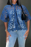 Sexy Solid Color Lace Cut Out Button Up Patchwork Half Sleeve Turndown Collar See Through Tops Blouses