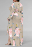 loral Print V Neck Long Sleeve Lace Up Slit Plus Size Vacation Maxi Dresses