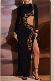 Snake Print Long Sleeve Hollow Out High Slit Bodycon Evening Cocktail Party Maxi Dress