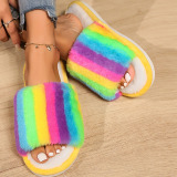 Rainbow Fuzzy Thick-Soled Warm Non-Slip Plush Cotton Slides Slippers for Home