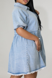 Casual Street Solid Color Buckle Patchwork Turndown Collar Short Sleeve Loose Denim Nidi Dresses