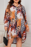 Casual Leopard Print Belted Turndown Collar Long Sleeve Loose Fit Plus Size Shirt Midi Dresses