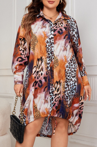 Casual Leopard Print Belted Turndown Collar Long Sleeve Loose Fit Plus Size Shirt Midi Dresses
