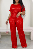 Sequins O Neck Short Sleeve T Shirt and Wide Leg Pant Plus Size Two Pieces Pant Set