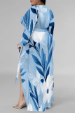 loral Print V Neck Long Sleeve Lace Up Slit Plus Size Vacation Maxi Dresses