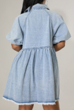 Casual Street Solid Color Buckle Patchwork Turndown Collar Short Sleeve Loose Denim Nidi Dresses
