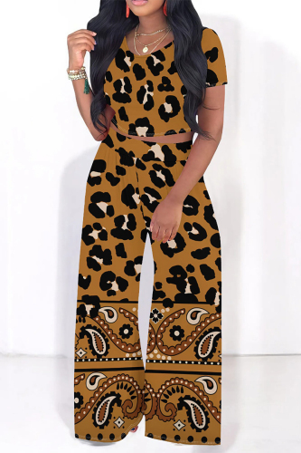 Leopard Print Polka Dot O Neck Short Sleeve Crop T Shirt and Wide Leg Pant Two Pieces Trousers Set