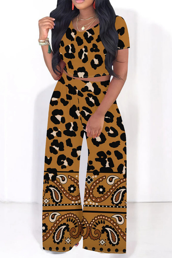 Leopard Print Polka Dot O Neck Short Sleeve Crop T Shirt and Wide Leg Pant Two Pieces Trousers Set