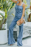 Casual Sleeveless Buckle Square Collar Boot Cut Wide Strap Straight Leg Denim Jumpsuits