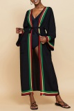 Striped Print Open Cardigan for Vacation Bikini Beachwear Beach Cover-Up
