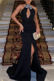Sleeveless Halter Flowers Hollow Out Front Slit Formal Prom Evening Party Maxi Dresses