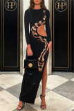Snake Print Long Sleeve Hollow Out High Slit Bodycon Evening Cocktail Party Maxi Dress