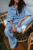 Casual Daily Solid Color Buttons Turndown Collar Long Sleeve Shirts and Wide Leg Pants Sets Two Pieces