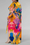 Flowers Print V Neck Long Sleeve Lace Up Slit Plus Size Vacation Maxi Dresses