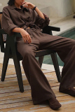 Casual Daily Solid Color Buttons Turndown Collar Long Sleeve Shirts and Wide Leg Pants Sets Two Pieces