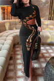 Snake Print Long Sleeve Hollow Out High Slit Bodycon Evening Cocktail Party Maxi Dress