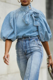 Formal Mandarin Collar Bow Tie Loose Puff Sleeve Denim Crop Top Womens Fall Pullover