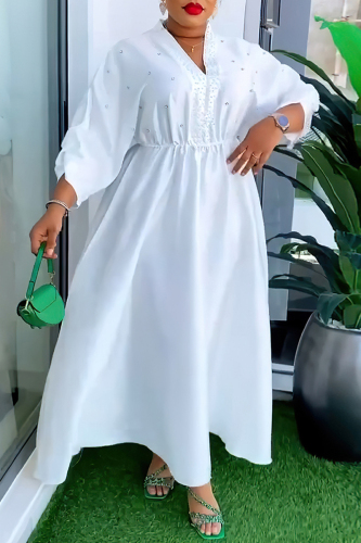 Casual Elegant Solid Color Beading High Waist V Neck A Line Loose Plus Size Long Dresses