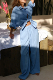 Casual Daily Solid Color Buttons Turndown Collar Long Sleeve Shirts and Wide Leg Pants Sets Two Pieces