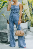 Casual Sleeveless Buckle Square Collar Boot Cut Wide Strap Straight Leg Denim Jumpsuits