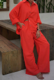 Casual Daily Solid Color Buttons Turndown Collar Long Sleeve Shirts and Wide Leg Pants Sets Two Pieces