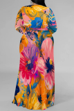 Flowers Print V Neck Long Sleeve Lace Up Slit Plus Size Vacation Maxi Dresses
