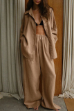 Casual Daily Solid Color Buttons Turndown Collar Long Sleeve Shirts and Wide Leg Pants Sets Two Pieces