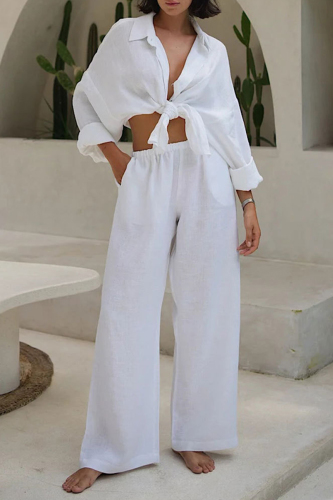 Casual Daily Solid Color Buttons Turndown Collar Long Sleeve Shirts and Wide Leg Pants Sets Two Pieces