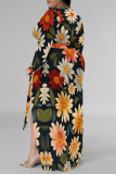Flowers Print V Neck Long Sleeve Lace Up Slit Plus Size Vacation Maxi Dresses