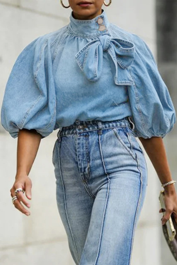Formal Mandarin Collar Bow Tie Loose Puff Sleeve Denim Crop Top Womens Fall Pullover