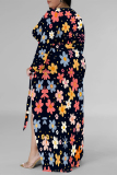 Flowers Print V Neck Long Sleeve Lace Up Slit Plus Size Vacation Maxi Dresses